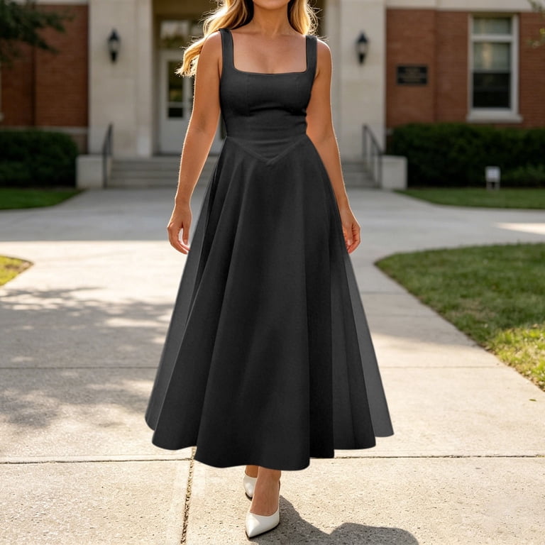 thick strap formal dresses SonxaHe Womens Square Neck Wide Dress A Line Fitted Evening Party Midi Dress Black XS 2021week52