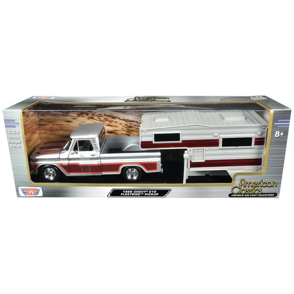 1966 Chevrolet C10 Fleetside Truck Silver Metallic with Brown with Camper "American Classics" 1/24 Diecast Model Car by Motormax