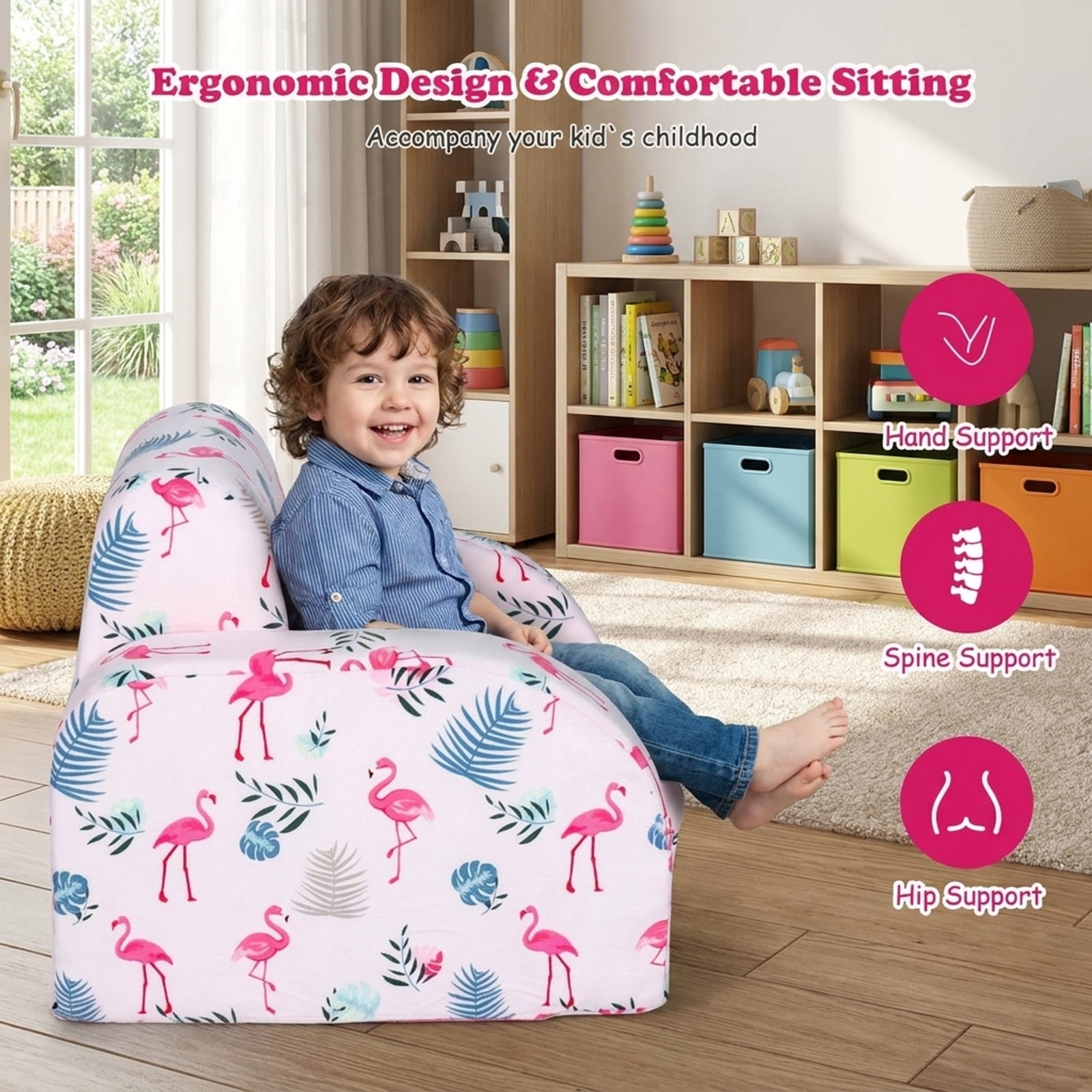 Furnibear Toddler Chair 3 in 1 Convertible Kid Sofa Bed Flip Out Chair Lounger for Toddler, Pink