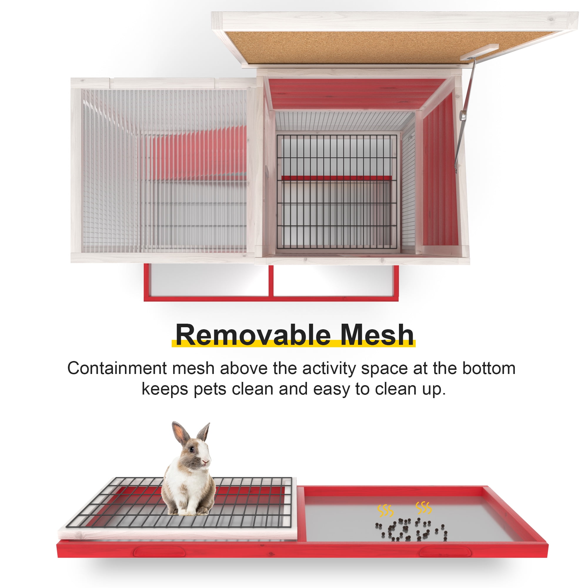 GOJOOASIS Rabbit Hutch Indoor, Water Resistant Wood Chicken Coop Outdoor with 3 Removable Tray & Running Cage & Ramp & Wheels, Red & White