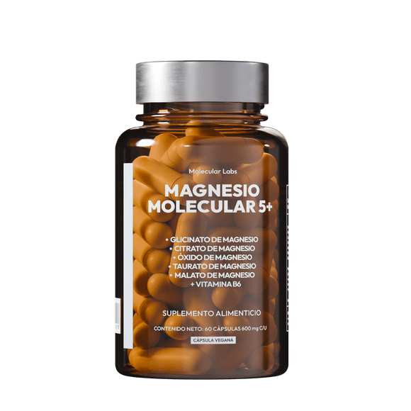 Magnesio Molecular 5+ | Suplemento de Magnesio Complex con 5 Magnesios + Vitamina B6 | Glicinato, Citrato, Taurato, Malato y Óxido | 60 Cápsulas de 600 mg | Fórmula Multicomplejo
