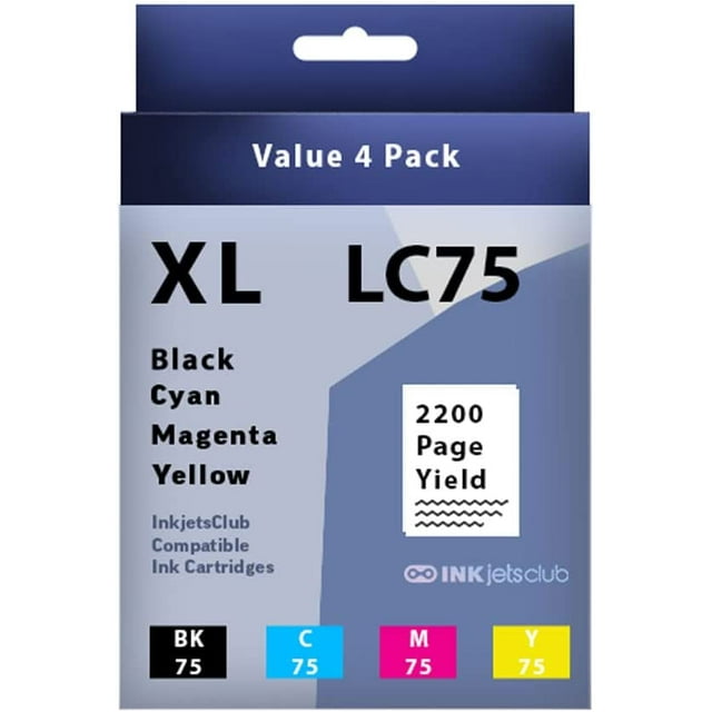 INKjetsClub Compatible LC75 High Yield Ink Cartridge Replacement 4 Pack Value Pack. Includes 1 Black, 1 Cyan, 1 Magenta and 1 Yellow Compatible Ink Cartridges.