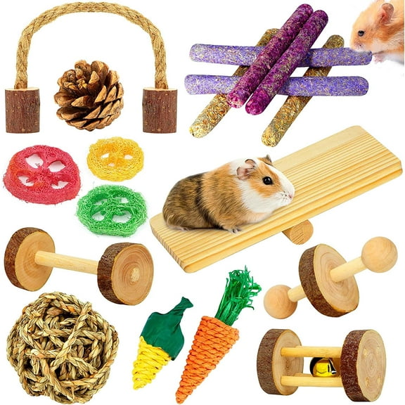 HUART Hamster Toys, Guinea Pig Toys, 18 Pcs Wooden Hamster Toy Accessories Set