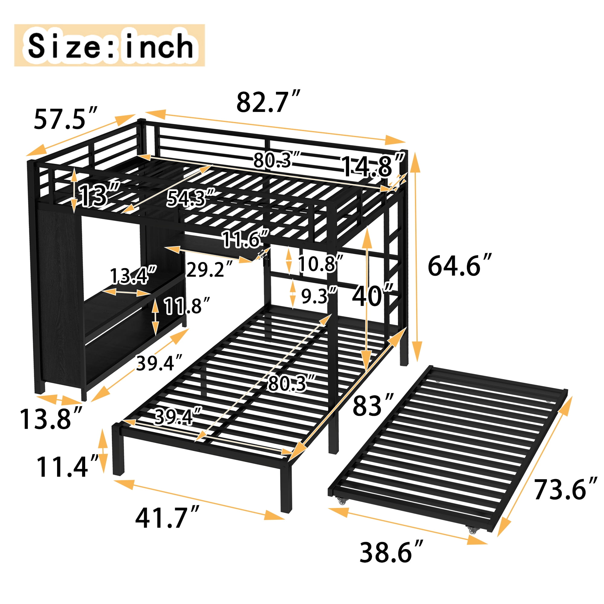Full over Twin Bunk Bed with Built-in Wardrobe, Metal Bunk Bed with Trundle, Foldable Desk, Ladders, Black