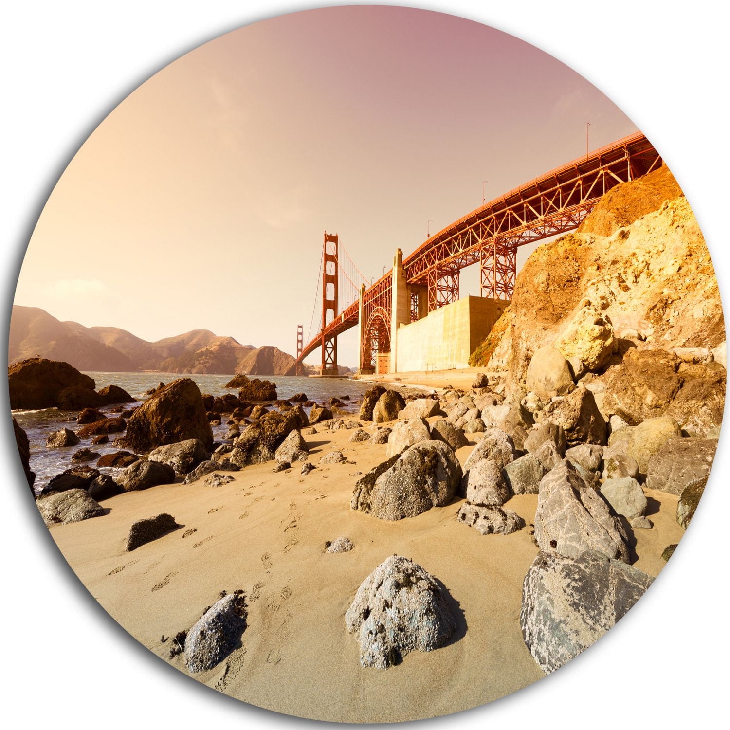 Design Art Golden Gate in Bright Day' Ultra Glossy Landscape Metal Circle Wall Art