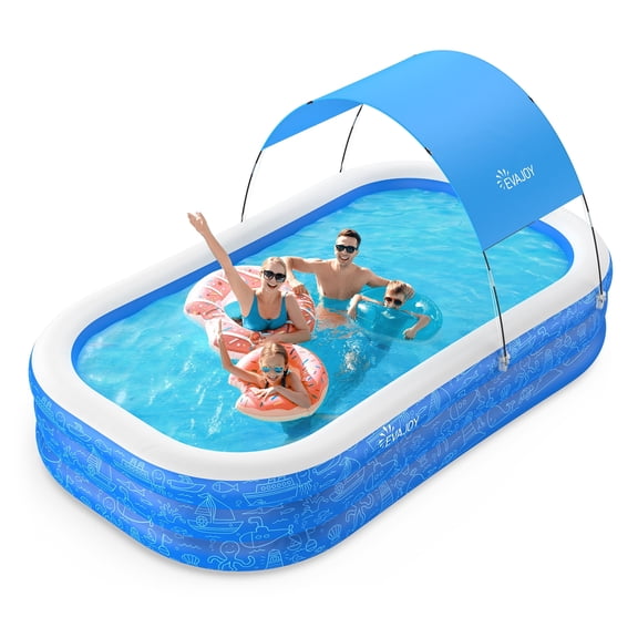 Large Inflatable Swimming Pool with Canopy, 120” x 70” x 20” Full-Sized Inflatable Pool for Kids & Adults, Kiddie Pool with Sun Shade, Blow Up Pool for Backyard, Garden, Age 3 , Blue
