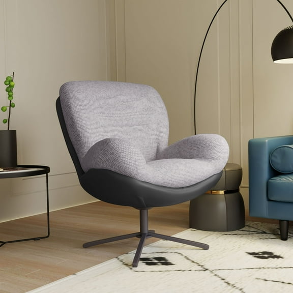 Living Room Chairs 360° Swivel Office Chair, Modern Chenille Chair with Faux Leather and Black Metal Base Frame, No Wheels, Accent Chair for Small Spaces, Living Room, Bedroom, Reading Corner, Office