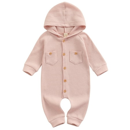 

Wallarenear Baby Boy Girl Waffle Knit Hooded Jumpsuit Button Onesie Bodysuit with Pockets