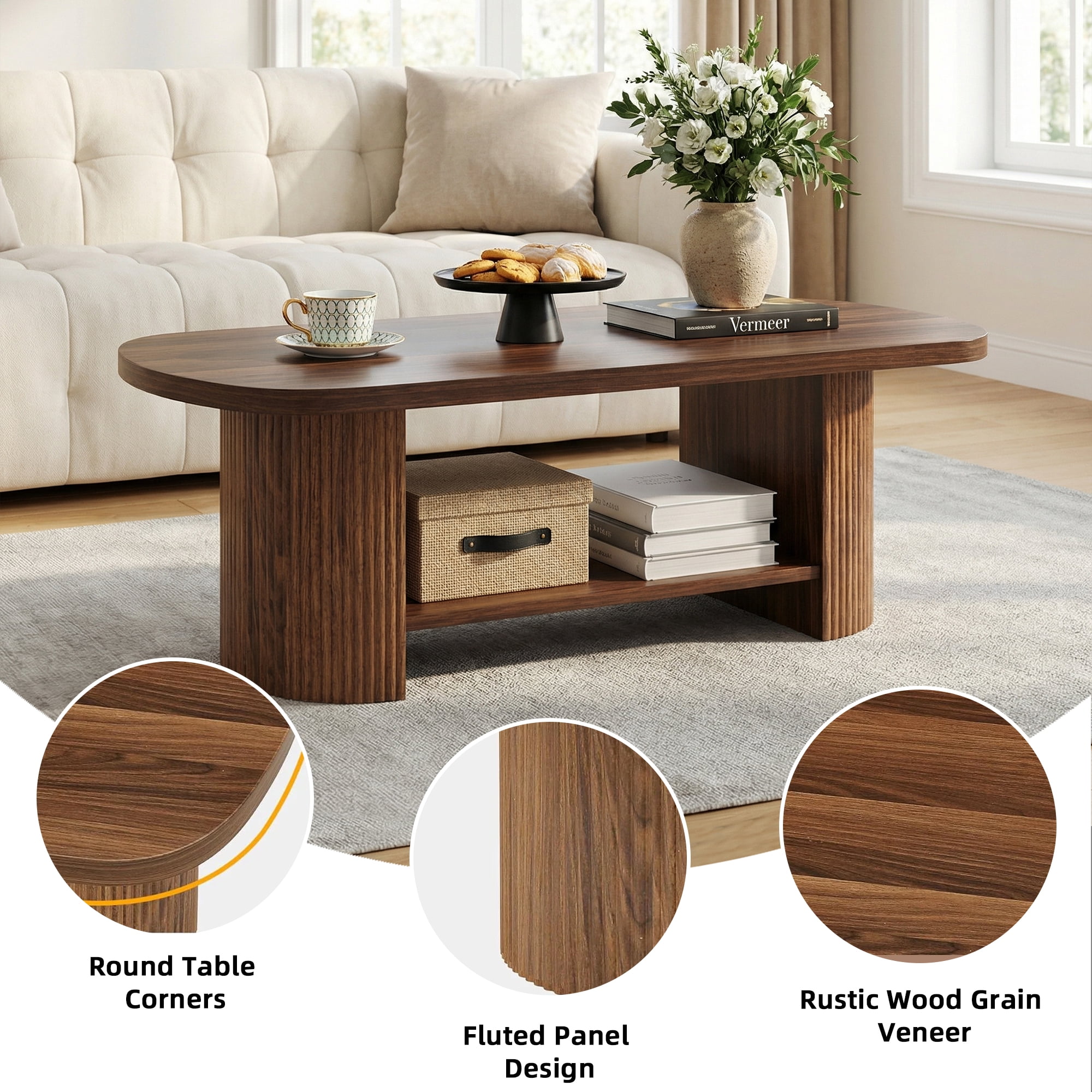 MAYEETY 45 Inch Modern Oval 2-Tier Coffee Table Fluted Base Storage Living Room Table