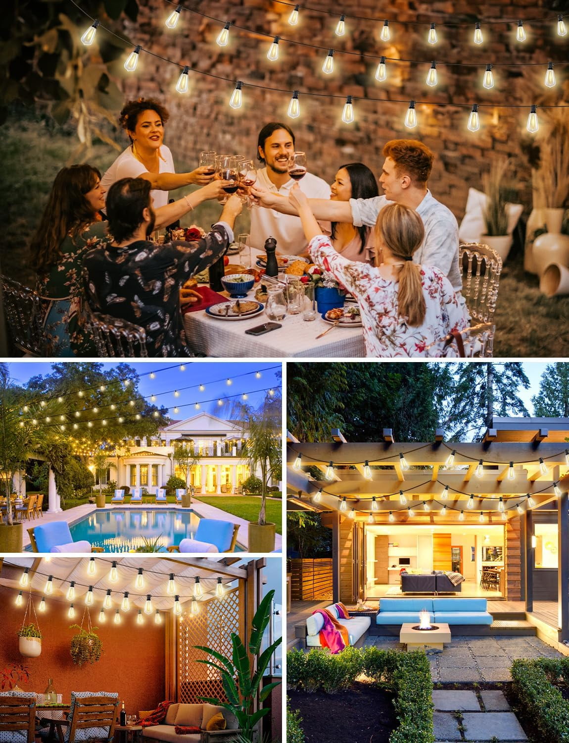 Nordic Hygge 50FT Outdoor String Lights with Remote, LED String Lights for Outside, 3 Modes 2 Timer Dimmable Outside Lighting