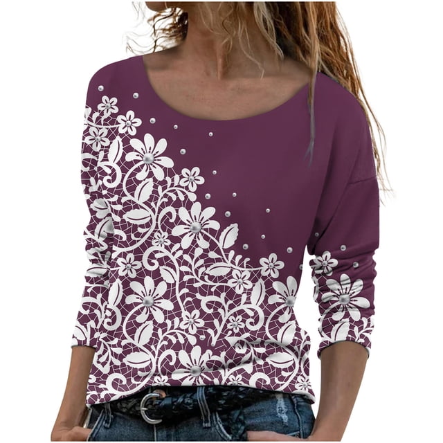 Machine d'Impression de T-Shirts Mode Femmes Décontracté Impression Col Rond Manches Longues T-Shirts Amples Blouse d'Automne Chandail Tops