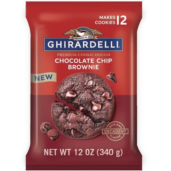 GHIRARDELLI Premium Refrigerated Chocolate Chip Brownie Cookie Dough, 12 oz Package, 12 Cookies