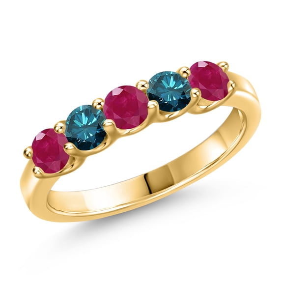 Gem Stone King 18K Yellow Gold Plated Silver Red Ruby and Blue Diamond Wedding-Bands Ring for Women | 1.05 Cttw | Round 3.5MM | Gemstone July Birthstone | Size 6