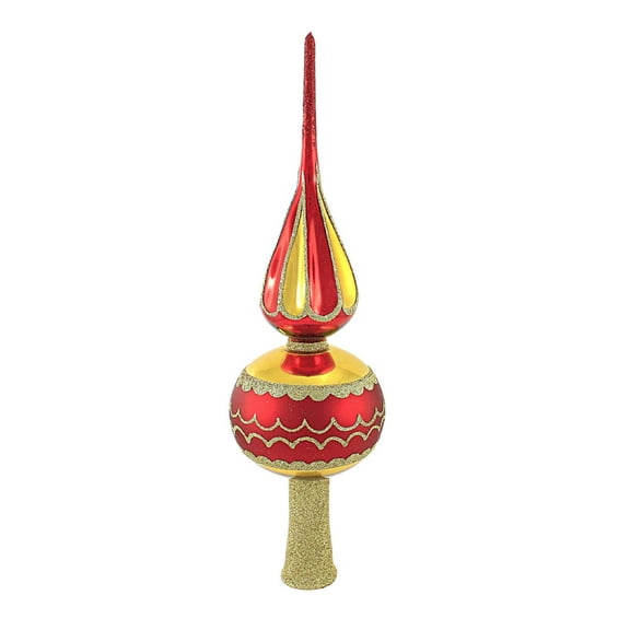 Blu Bom 12.50In Red & Gold Flame Tree Topper, Glass, Finial Glittered Vintage 1275903