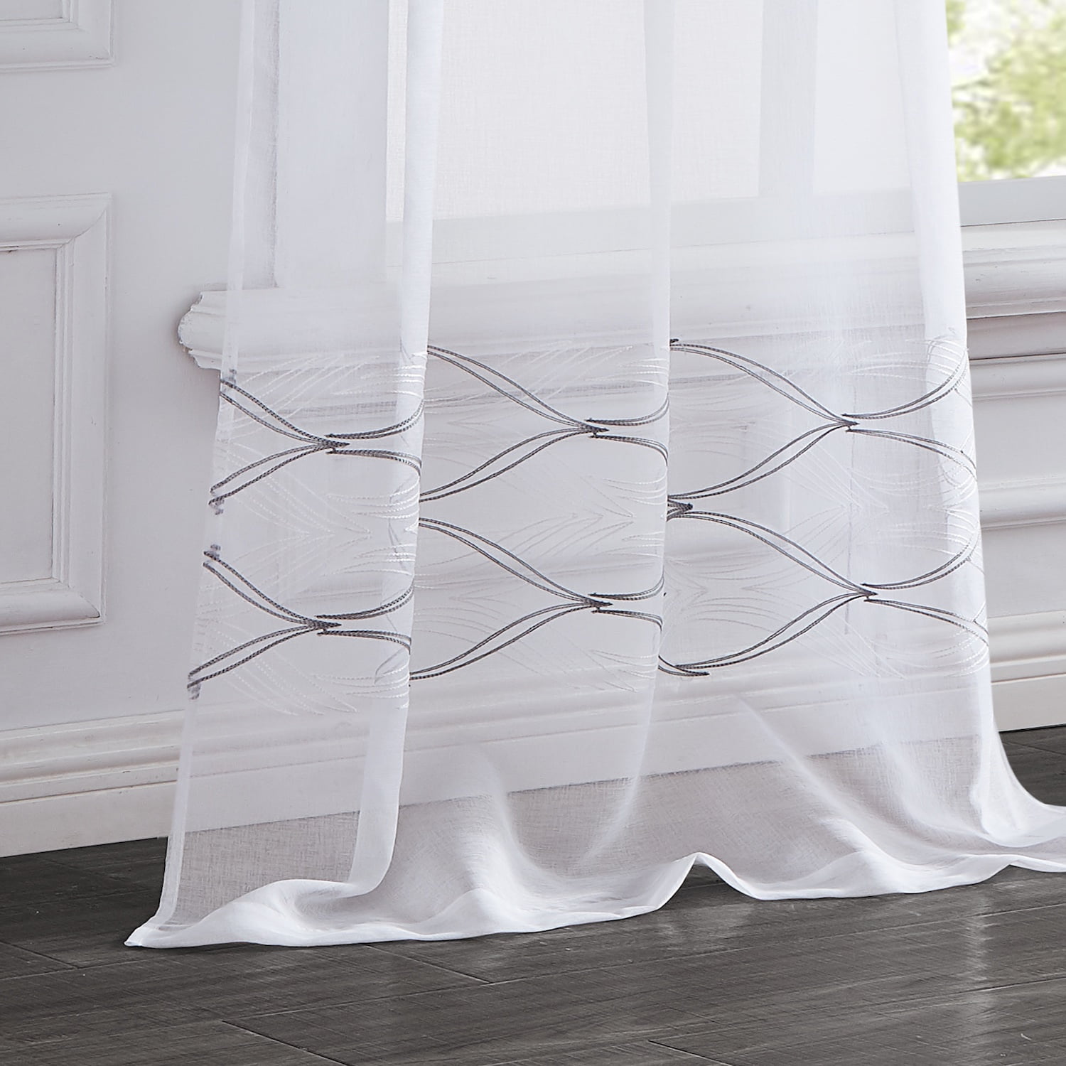 New Wave Linen Look Wave Design Striped 76" x 84" Window Panel Pair in White and Silver