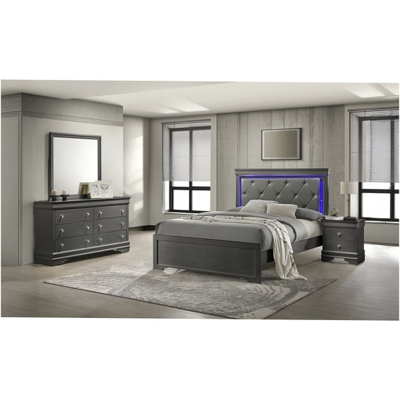 JERFIT Modern Upholstered Queen Bedroom Set with LED Headboard, 4-PC Gray Wood Bed, Dresser, Mirror & Nightstand