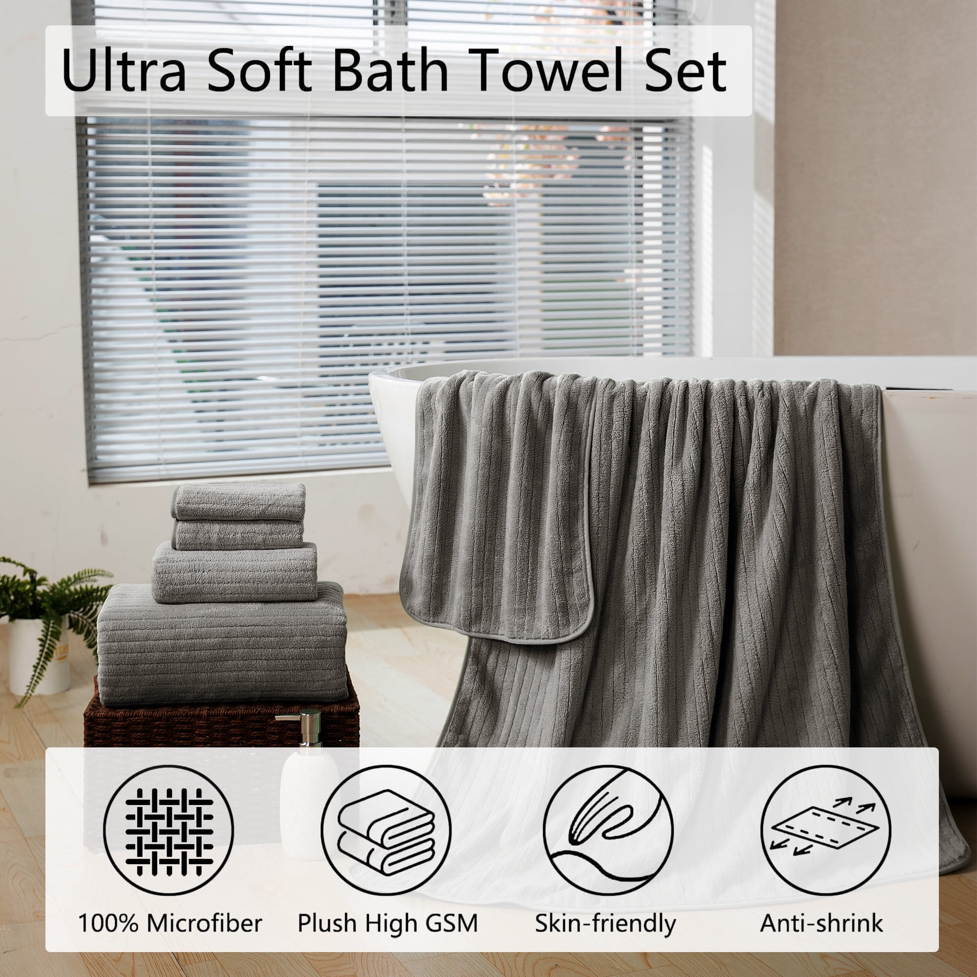 Jessy Home 4 Pack Dark Brown Stripe Large Bath Towels Set Oversized Microfiber Bath Sheet Soft Towel Set