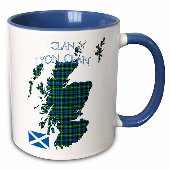3drose, Outline of Scotland with the Lyon,clan Family Tartan., 15oz Two-tone Blue Mug