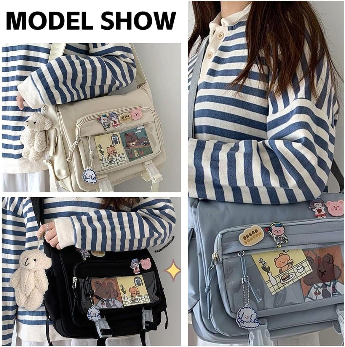 Kwuty Kawaii Crossbody Ita Bag for Women with Pin & Plush Bear - Japanese Messenger Bags Y2K Shoulder Purse（Blue）
