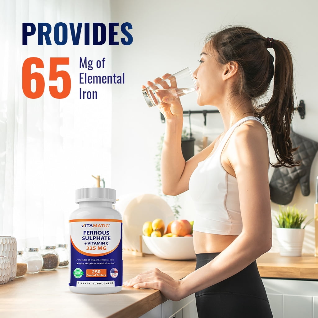 (2 pack) Vitamatic Ferrous Sulphate 325 mg + Vitamin C 100 mg - (65 mg Elemental Iron) High Potency Iron Supplement | No Artificial Color Additives - 250 Coated Tablets - Made in USA
