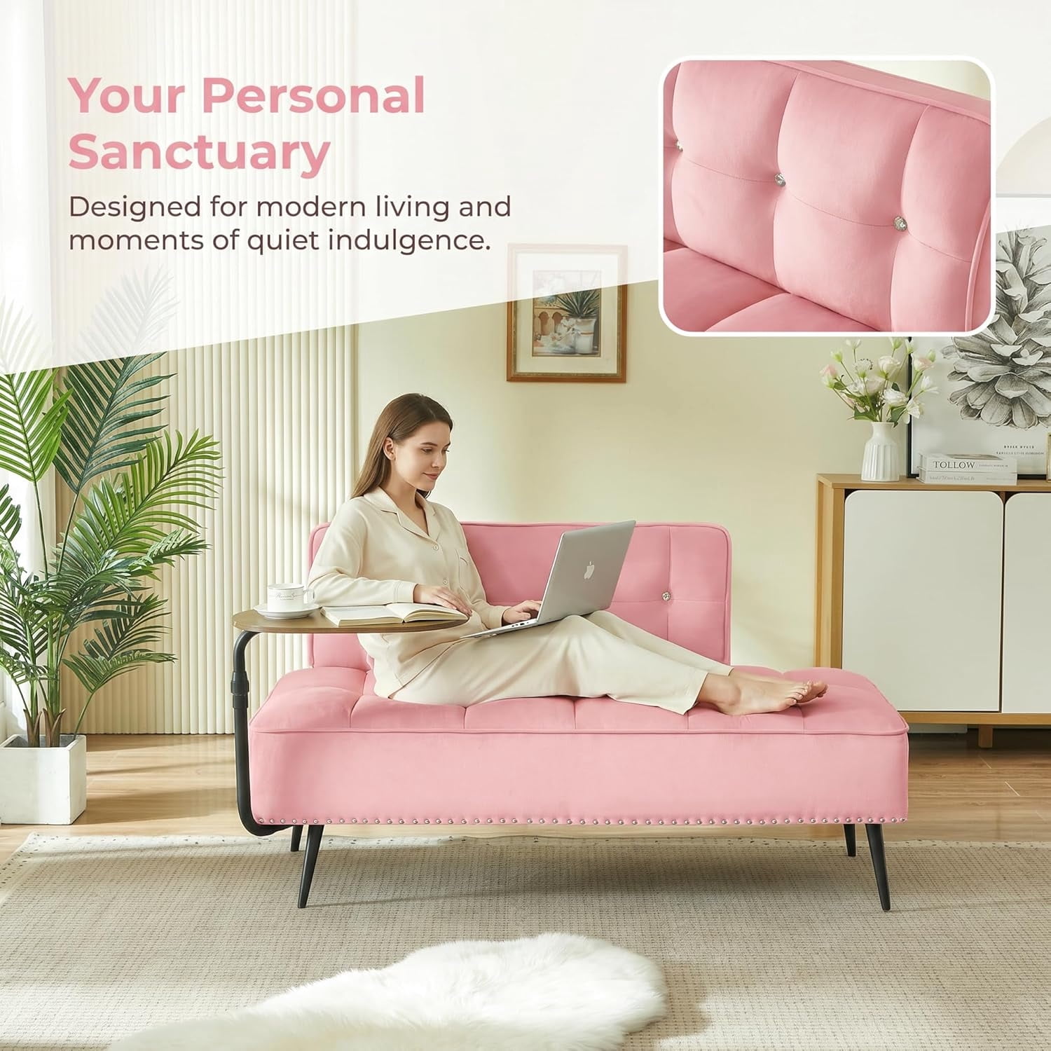 MOONMISS 54 inch 2-Seater Velvet Sofa with 360 Rotating Side Table Space Saving Multi Use Bench Office Living Room Apartment,Pink