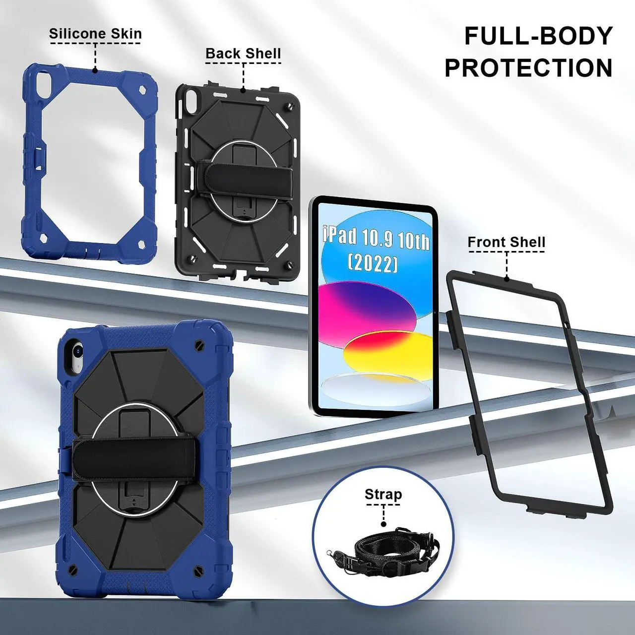 Case for iPad (A16) 11th Generation 11 Inch 2025, iPad 10th Generation 10.9 inch 2022 with Rotating Stand Pencil Holder Hand/Shoulder Strap, Shockproof Protective Cover
