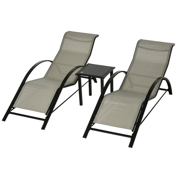 Outsunny 3 Pieces Patio Pool Lounge Chairs Set, Outdoor Chaise lounge with 2 S-Shaped Sunbathing Chairs and a Glass Top Table, for Yard Garden, Grey