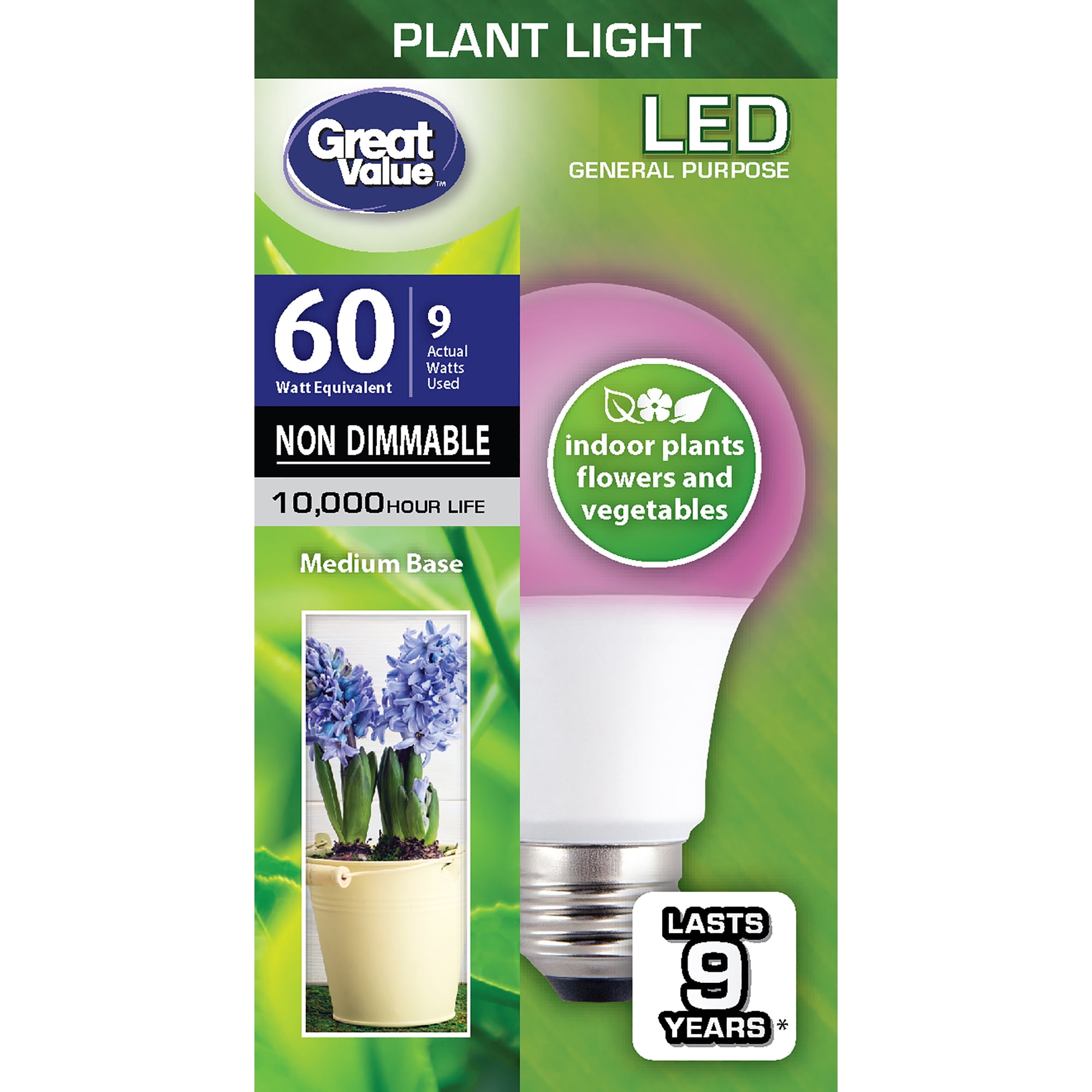 Great Value LED Light Bulb, 9 Watts (60W Eqv.) A19 Grow Light Lamp E26