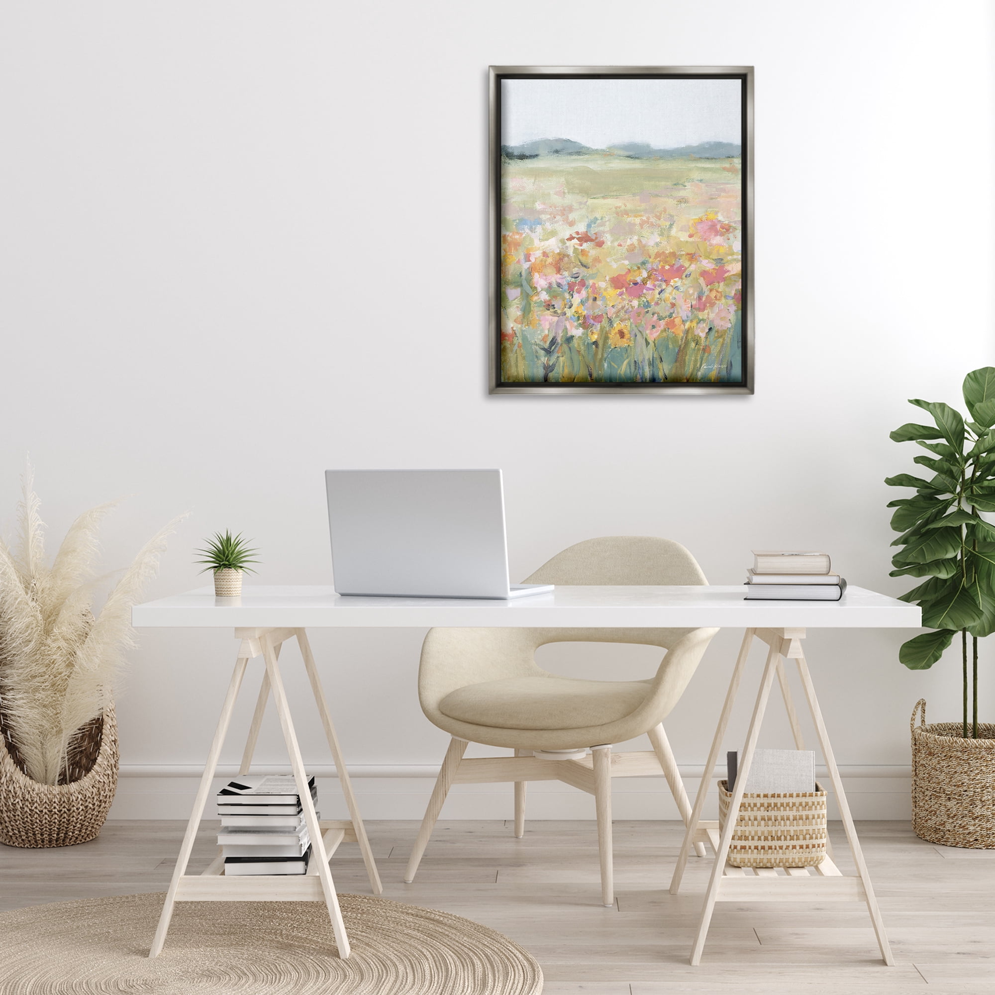Stupell Industries Soft Wildflower Meadow Landscape Painting Gray Floater Framed Art Print Wall Art, 25 x 31