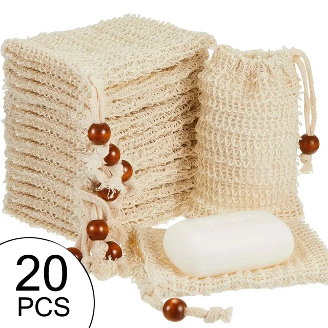10-30 bolsas exfoliantes hechas a mano para guardar jabón, bolsas de sisal natural, bolsas de malla para jabón con cordón para usar en la ducha o en el baño