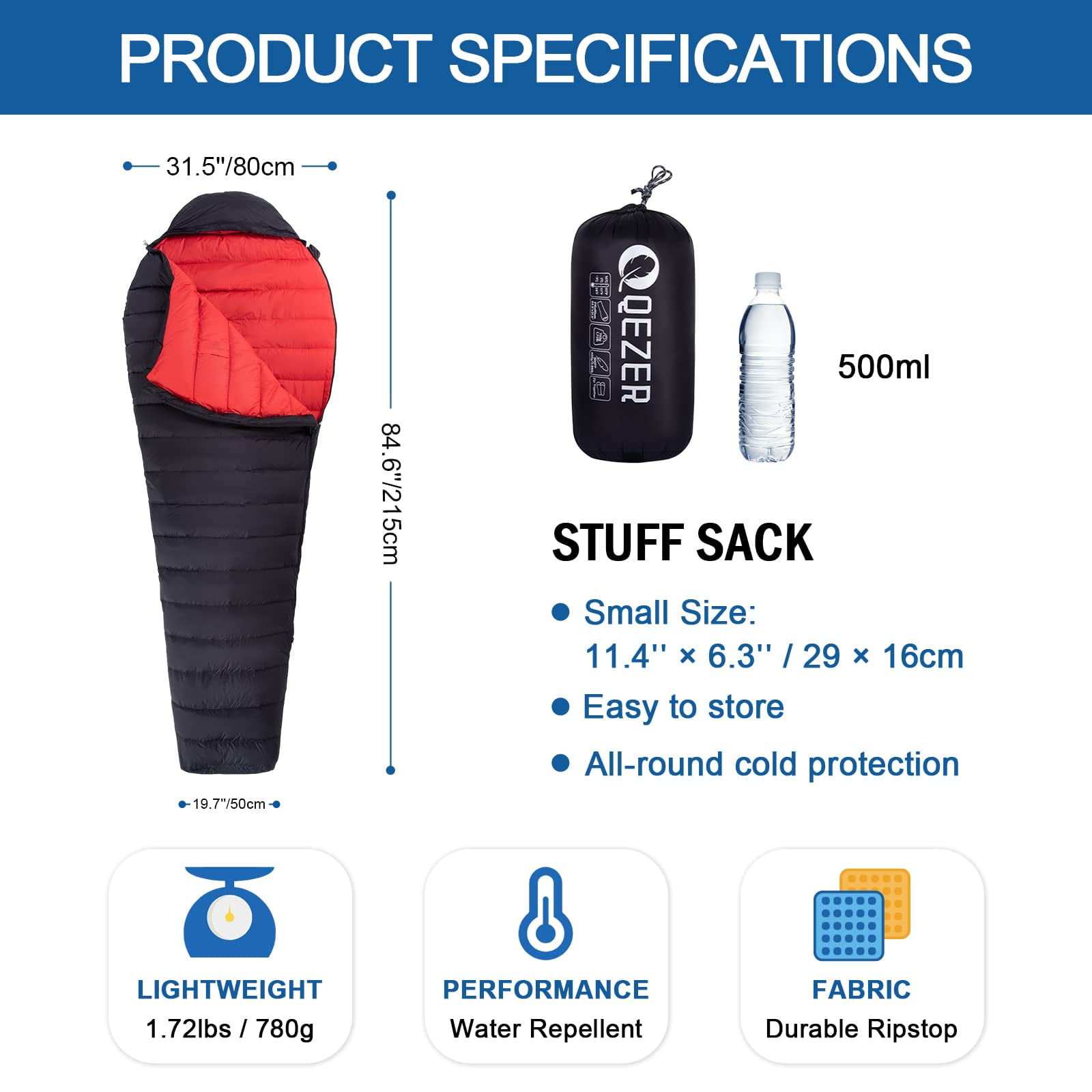 QEZER Ultralight Down Mummy Sleeping Bag for Adults 37-59 Degree F,Backpacking, Hiking and Camping