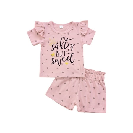 

TheFound Infant Baby Girl Summer Clothes Letter Dot Print Short Sleeve T-Shirt+High Waist Shorts Casual Outfits