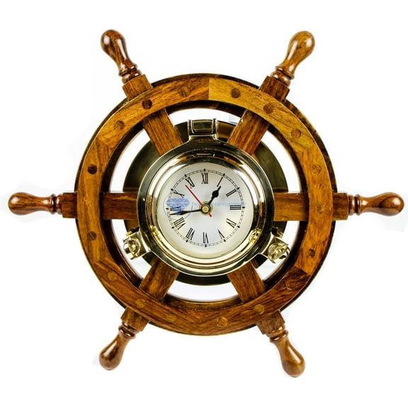 Nagina International 12" Nautical Decorative Premium Wood Porthole Ship Wheel Clock| Brass Maritime