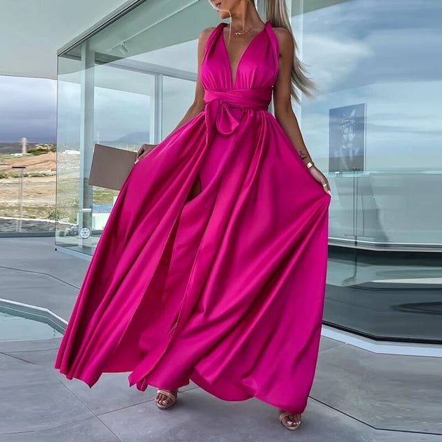 Casual Fashion Loose Long Beach Dresses Sexy Deep V Lace-up Evening Dress Solid Elegant Sleeveless High Slit Women Party DressesL Gao Jinjia LED