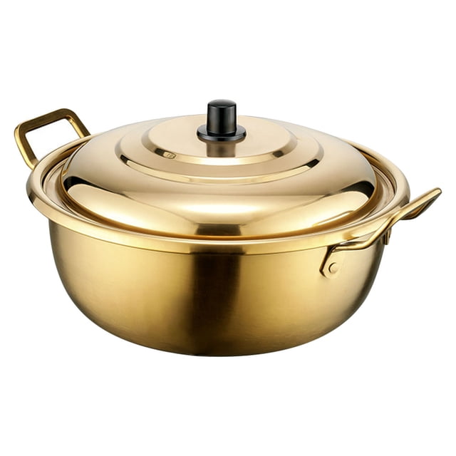 Cacerola de acero inoxidable con tapa, estilo coreano, para fideos ramen con dos asas