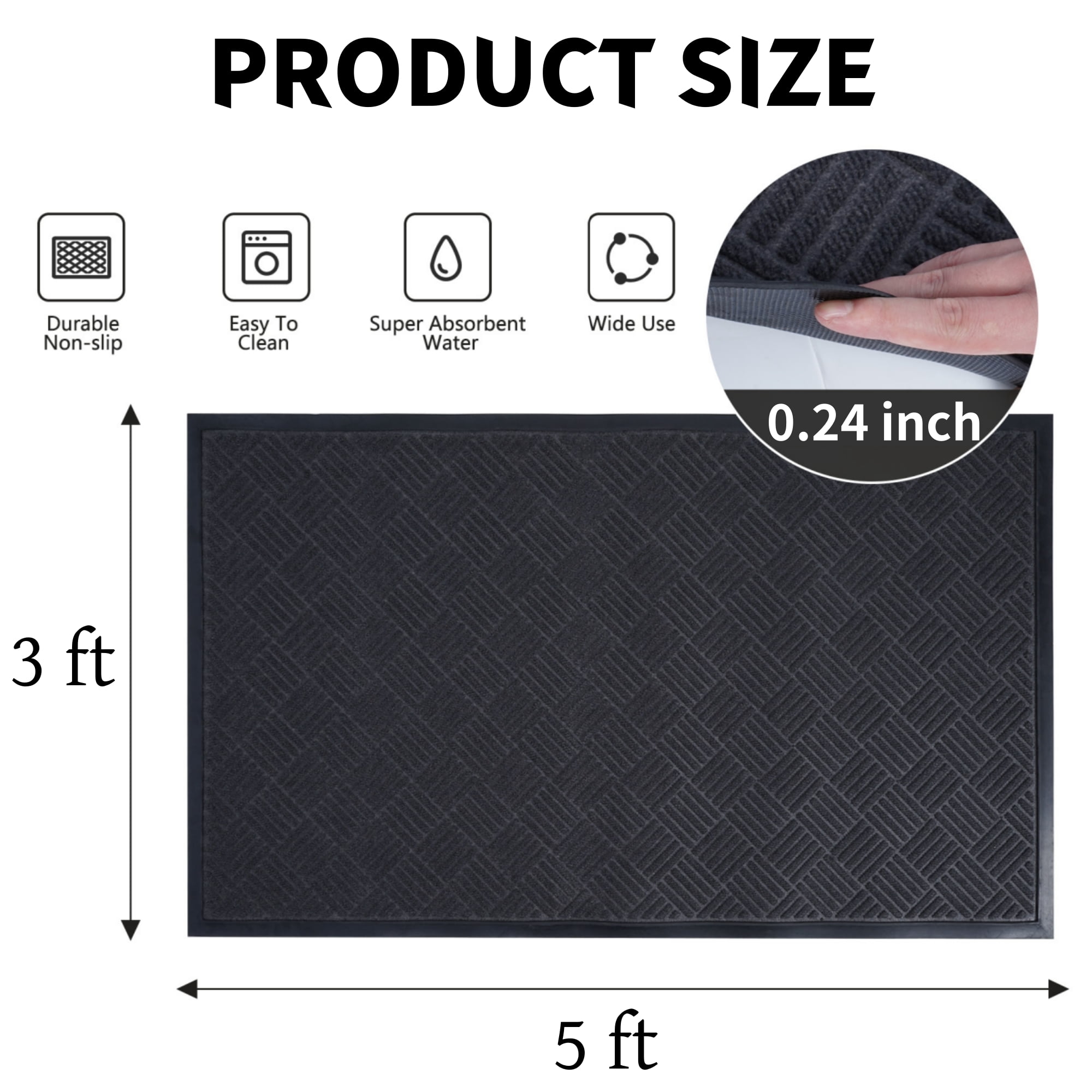 Petoto 3 x 5 ft Anti-Slip Carpet Door Mat, Entrance Floor Doormat, Industrial Entry Carpet Indoor Outdoor Entryway Rug, Gray