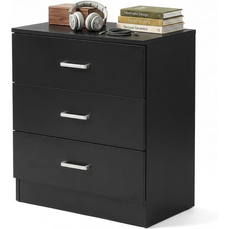 Black 3 Drawer Dresser Modern Small Storage Chest for Bedroom | Wood End Table Space-Saving Drawer Cabinet Multi-Scene Furniture for Nursery Hallway Living Room and Closet Storage