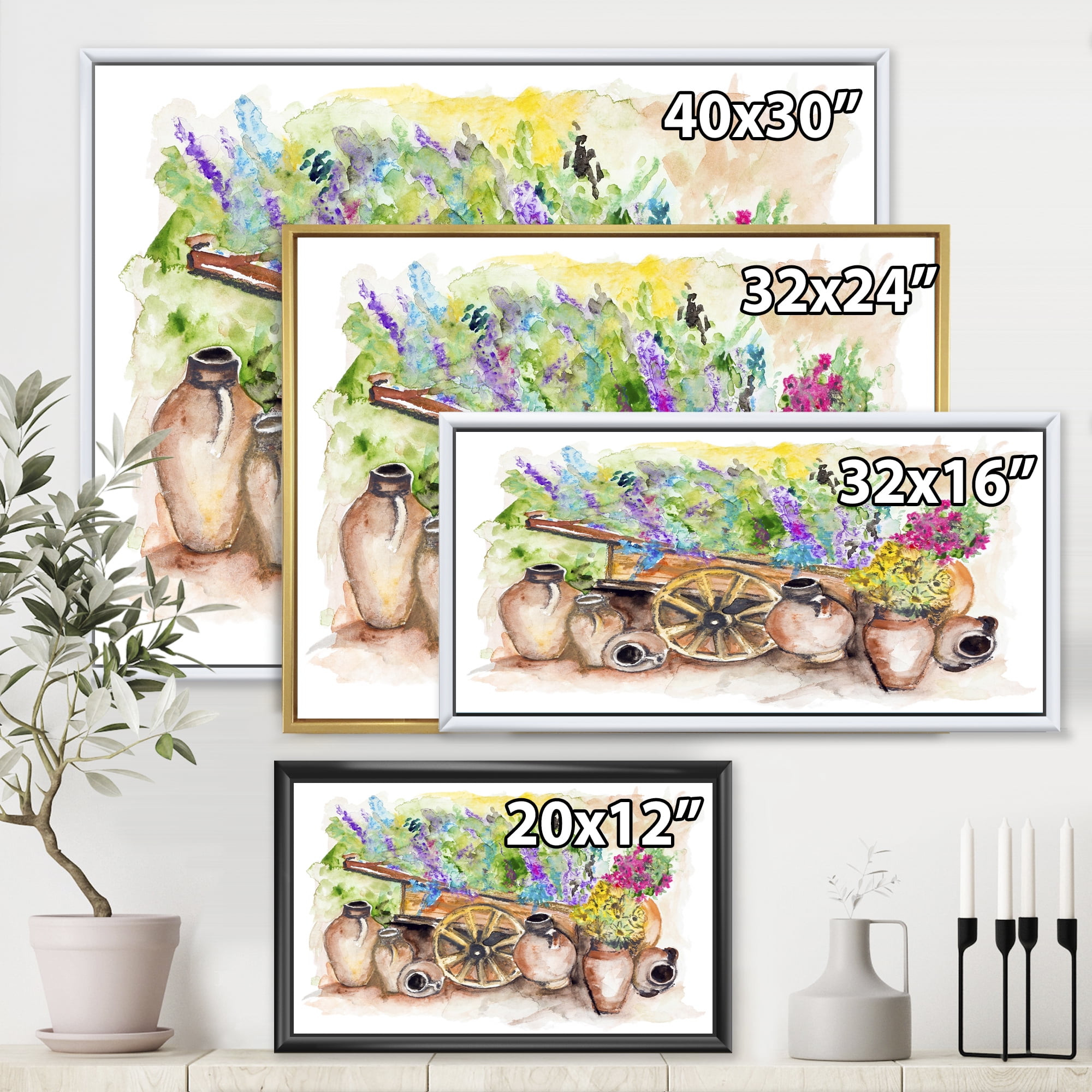 Designart 'Lavender Flowers On Ancient Cart Illustration' Traditional Framed Canvas Wall Art Print