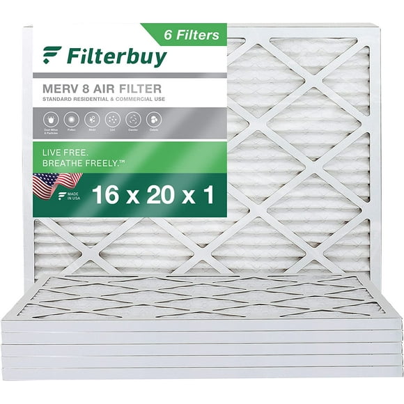 Filterbuy 16x20x1 MERV 8 Plissé HVAC AC Filtres à Air de Four (6-Pack)