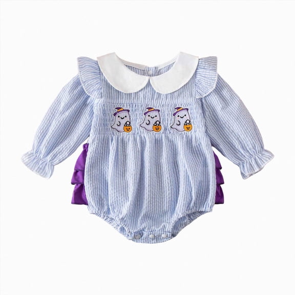 Staki Newborn Baby Girl Smocked Halloween Outfit Infant Plaid Bubble Romper Embroidery Fall Clothes 0-24M(Light Blue,0-3 Months)