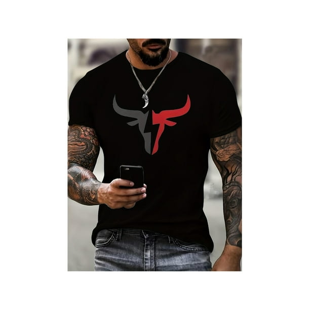 Cotton Short Sleeve T-Shirt Men's Bull Graphic Print T-shirt, Casual Short Sleeve Crew Neck Tee, Men's Clothing For Summer Outdoor Streetwear