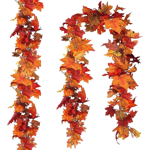 CQURE 2-Pack Artificial Fall Maple Leaf Garland, Hanging Autumn Vines Decor for Thanksgiving Home Fireplace