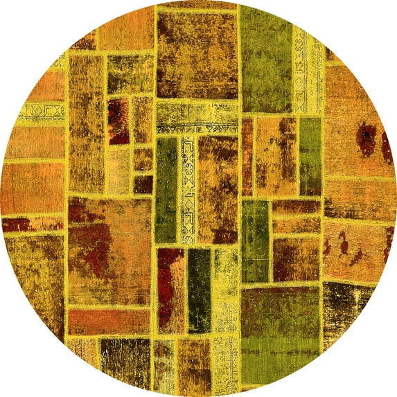 Ahgly Company Machine Washable Indoor Round Patchwork Yellow Transitional Area Rugs, 5' Round