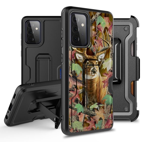 ANJ  Rugged Hybrid Shockproof Case w/Kickstand   Holster Clip Card Slot Cover for Samsung Galaxy A52 5G - Buck Camo