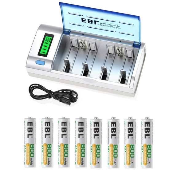 EBL 8 Pack of AAA Batteries Triple A NiMH Rechargeable Battery 1.2V 800mAh with Universal LCD Charger For 9V AA AAA C D Cell Ni-MH Ni-Cd