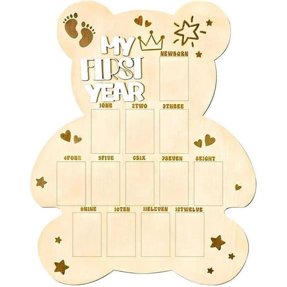 Wooden 12-Month Baby Photo Board – Monthly Milestone Frame for Kids' Growth & 1st Birthday Decor, Nursery Memory Keepsake (RL Natural Wood Color, 1 PC)