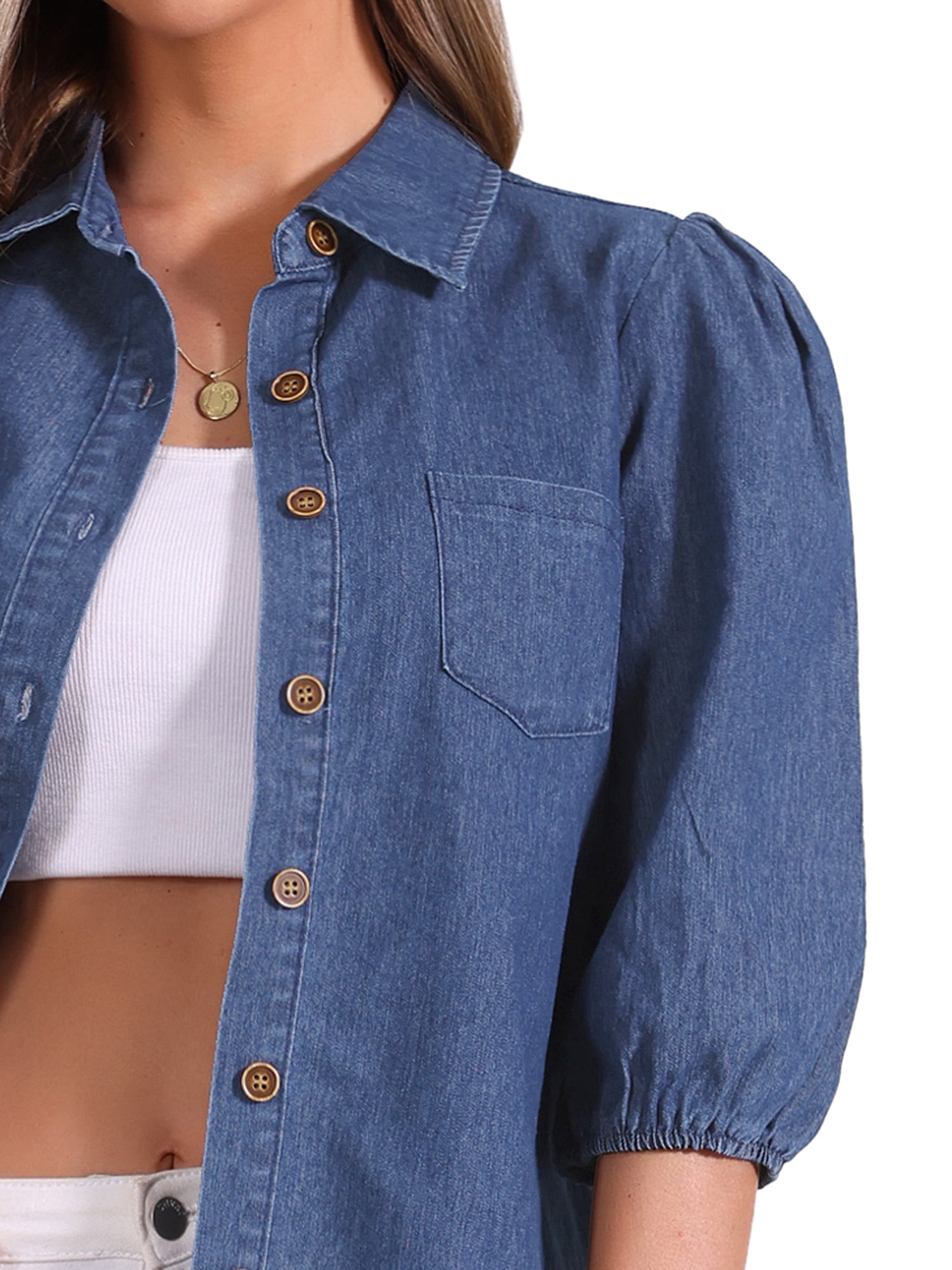 DARING DIVA Women's 3/4 Puff Sleeve Collar Button Down Jean Shirts S Dark Blue
