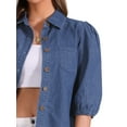 thumbnail image 5 of DARING DIVA Women's Denim 3/4 Puff Sleeve Collar Button Down Jean Shirts S Dark Blue, 5 of 6