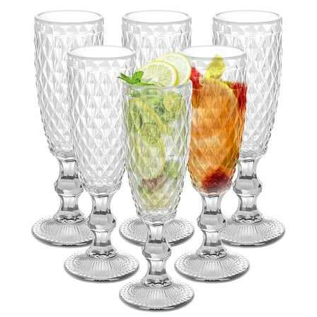 Set of 6 Tall Glass Wine Glasses, 150 ml/5 oz Vintage Embossed Clear Tall Glasses for Chilled Wine, Cocktails, Drinks, Party Household Wine Glasses