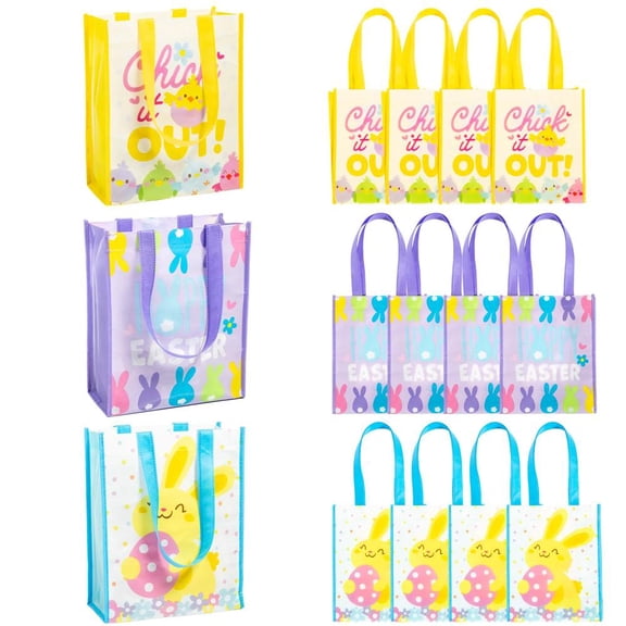 Fun Express 9" x 11" Medium Easter Whimsy Laminated Nonwoven Shopper Tote Bags – 12 Pc.